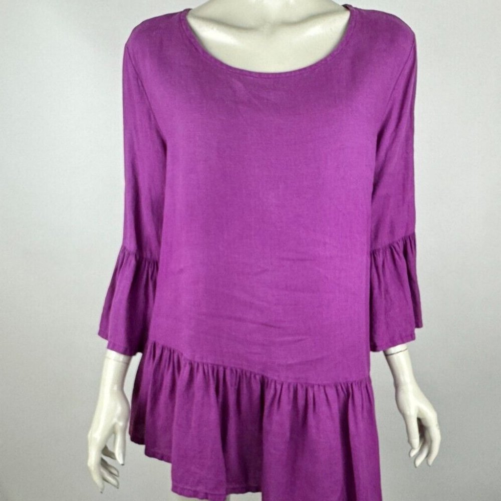 Bryn Walker Franci Linen Top Women L Ruffle Asymmetric Hem Blouse Bell‎ Sleeve